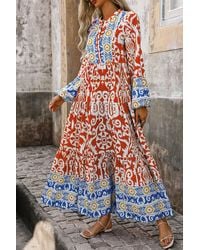Azura Exchange - Geprinte Maxi-jurk Met Gelaagde Lange Mouwen - Lyst