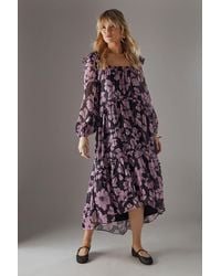 Warehouse - Shadow Stripe Ruffle Square Neck Smock Midi Dress - Lyst