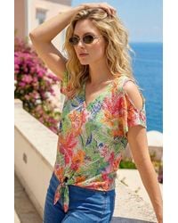 Roman - Floral Burnout Print Tie Front Top - Lyst