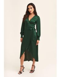 Gini London - Groene Satijnen Wikkel Midi-jurk - Lyst