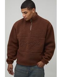 BoohooMAN - Oversized Boxy Borg Panel Slogan Quarter Zip Funnel Sweatshirt - Lyst