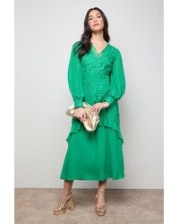 Oasis - Lace Puff Sleeve V Neck Midaxi Dress - Lyst