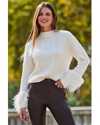 Sosandar - Cable High Neck Faux Fur Cuff Jumper - Lyst