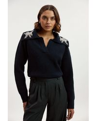 Karen Millen - Embellished Cosy V Neck Collar Knit Jumper - Lyst