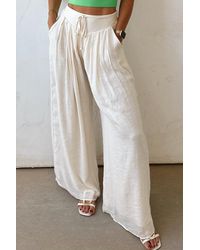 Azura Exchange - Wijdleg Linnen Broek Hoge Taille Met Touwtjes - Lyst