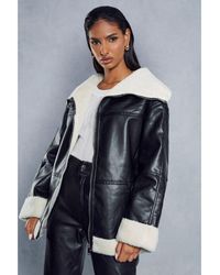 MissPap - Oversized Collar Leather Look Longline Jacket - Lyst