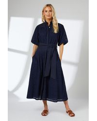 PRINCIPLES - Broderie Belted Contrast Detail Midaxi Dress Cotton - Lyst