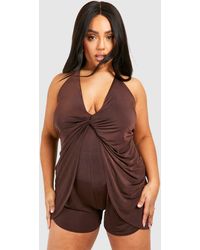Boohoo - Plus Slinky Knot Detail Strappy Playsuit - Lyst