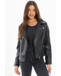 Quiz - Black Faux Leather Biker Jacket - Lyst