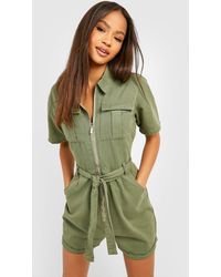 Boohoo - Belted Cargo Denim Romper - Lyst