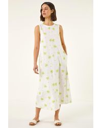 Roman - Cotton Palm Print Pocket Midi Dress - Lyst