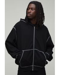 BoohooMAN - Heavyweight Oversized Contrast Stitch Waffle Zip Through Hoodie - Lyst