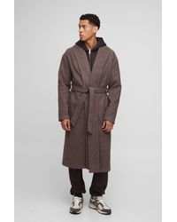 BoohooMAN - Single Breasted Shawl Collar Self Belted Longline Marl Melton Overcoat - Lyst