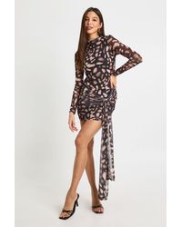 Boohoo - High Neck Printed Mesh Wrap Mini Dress - Lyst