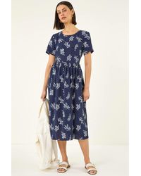 Roman - Leaf Print Smock Midi Dress - Lyst