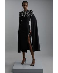 Karen Millen - Compact Stretch Viscose Crystal Embellished Cape Maxi Dress - Lyst