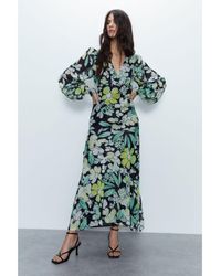 Warehouse - Floral Metallic Stripe Printed Midi Dress - Lyst
