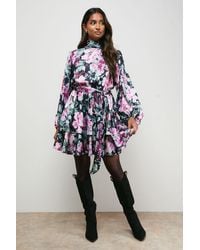 Oasis - High Neck Printed Long Sleeve Mini Dress With Belt - Lyst