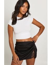 Boohoo - Petite Lace Insert Satin Mini Skirt - Lyst