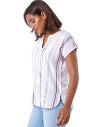 Roman - Stripe Print Button Detail V-Neck Top - Lyst