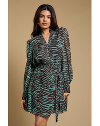 Oasis - Petite Printed Chiffon Button Up Belted Waist Mini Dress - Lyst