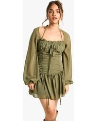 Boohoo - Petite Chiffon Ruched Milkmaid Skater Dress - Lyst