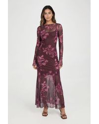 Boohoo - Tall Slash Neck Floral Print Godet Hem Midaxi Dress - Lyst