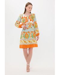 Hiccup - Abstract Round Neck Buttoned Long Sleeve Mini Boho Dress - Lyst
