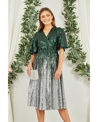 Yumi' - Green And Silver Ombre Sequin Midi Wrap Dress - Lyst