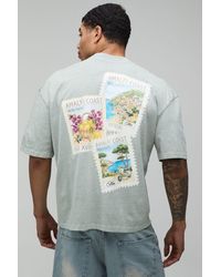 BoohooMAN - Washed Oversized Boxy Postcard Print Extended Neck T-Shirt Cotton - Lyst