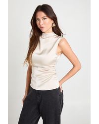 Boohoo - Satin High Neck Ruched Top - Lyst