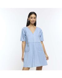 River Island - Mini Dress Blue Denim Short Sleeve Cotton - Lyst