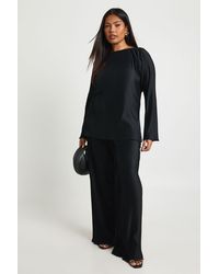 Boohoo - Plus Boat Neck Plisse Long Sleeve Top And Wide Leg Trousers Co Ord - Lyst