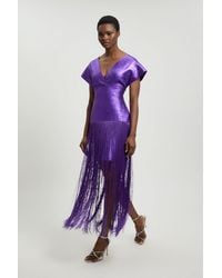 Karen Millen - Foil Metallic Figure Form Bandage Angel Sleeve Fringe Knit Maxi Dress - Lyst