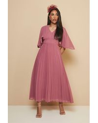 Wallis - Petite Pleated Cape Sleeve Midi Dress - Lyst