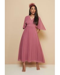Wallis - Petite Pleated Cape Sleeve Midi Dress - Lyst