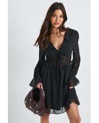 Boohoo - Long Sleeve Ruched Mini Dress With Frill Detail - Lyst