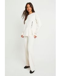 Boohoo - Chunky Rib Button Hem Detail Crew Neck Jumper And Straight Leg Trouser Co-Ord - Lyst