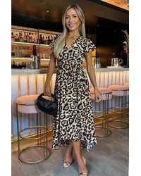AX Paris - Multi Leopard Print Short Sleeve Belted Wrap Midi Dress - Lyst