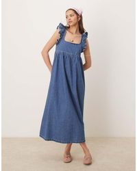 ASOS - Denim Smock Maxi Dress With Bow Back - Lyst