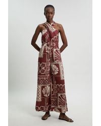 Karen Millen - Linen Viscose Tile Print Belted Woven Jumpsuit - Lyst