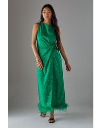 Warehouse - Petite Satin Jacquard Feather Twist Front Cowl Back Midi Dress - Lyst