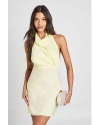 Boohoo - Textured Satin Ruched Bust Halterneck Mini Dress - Lyst