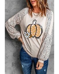 Azura Exchange - Khaki Luipaard Raglan Lange Mouwen Bloemen Pompoen Grafische Top - Lyst