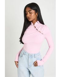 Boohoo - Ruched Long Sleeve Asym Button Up Bodysuit - Lyst
