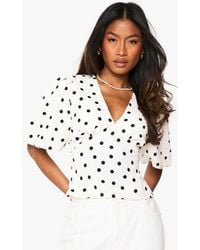 Boohoo - Satin Polka Dot Puff Sleeve Blouse - Lyst