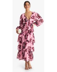 Boohoo - Floral Chiffon Plunge Ruffle Midaxi Dress - Lyst