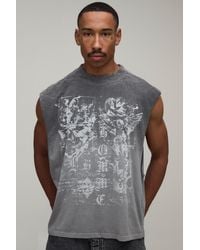 BoohooMAN - Washed Oversized Gothic Doodle Print Spray Wash Tank Cotton - Lyst