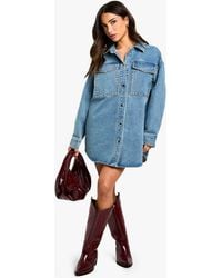 Boohoo - Petite Stud Detail Denim Oversized Shirt Dress - Lyst