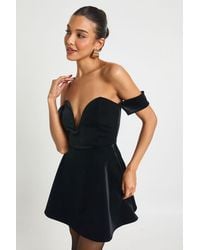 Boohoo - Velvet Bardot Plunge Mini Dress - Lyst